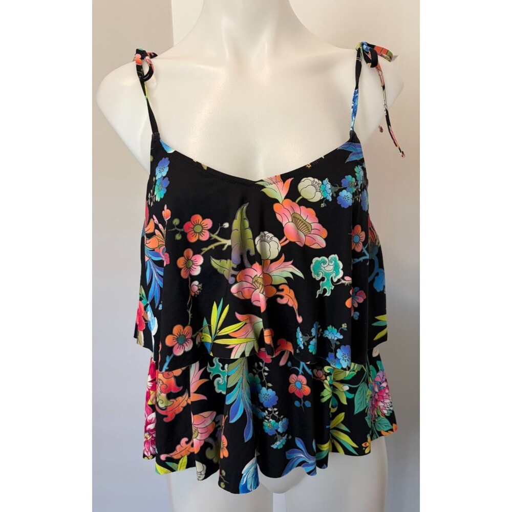 JOHNNY WAS Womens SWIM TOP Black Green Pink FLORAL Built-In Bra Ruffle Size M